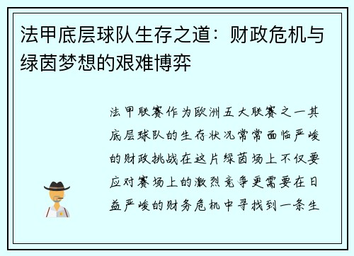 法甲底层球队生存之道：财政危机与绿茵梦想的艰难博弈