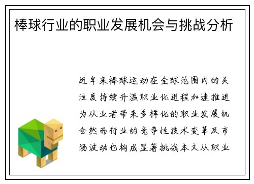 棒球行业的职业发展机会与挑战分析