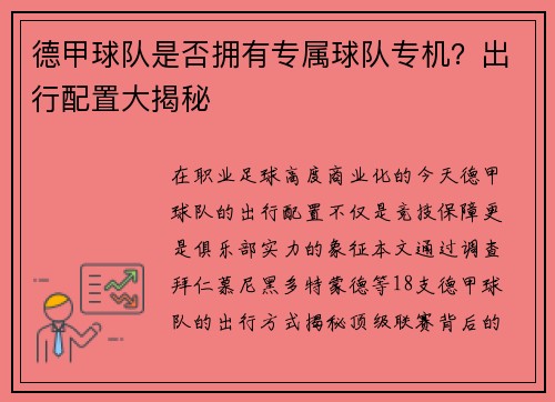 德甲球队是否拥有专属球队专机？出行配置大揭秘