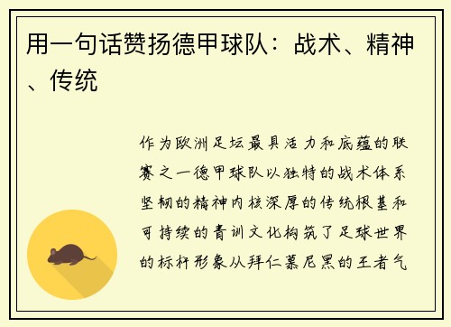 用一句话赞扬德甲球队：战术、精神、传统