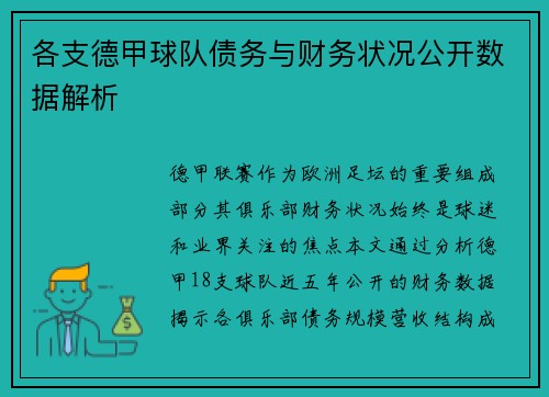 各支德甲球队债务与财务状况公开数据解析