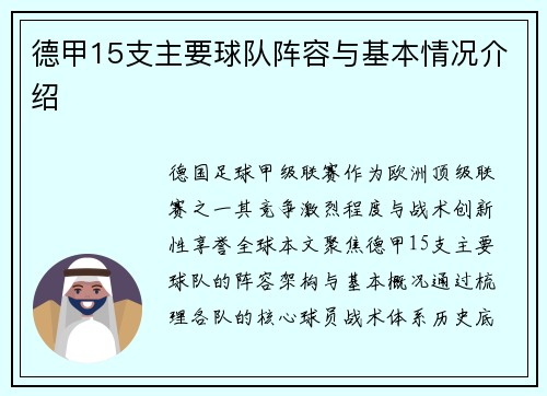 德甲15支主要球队阵容与基本情况介绍